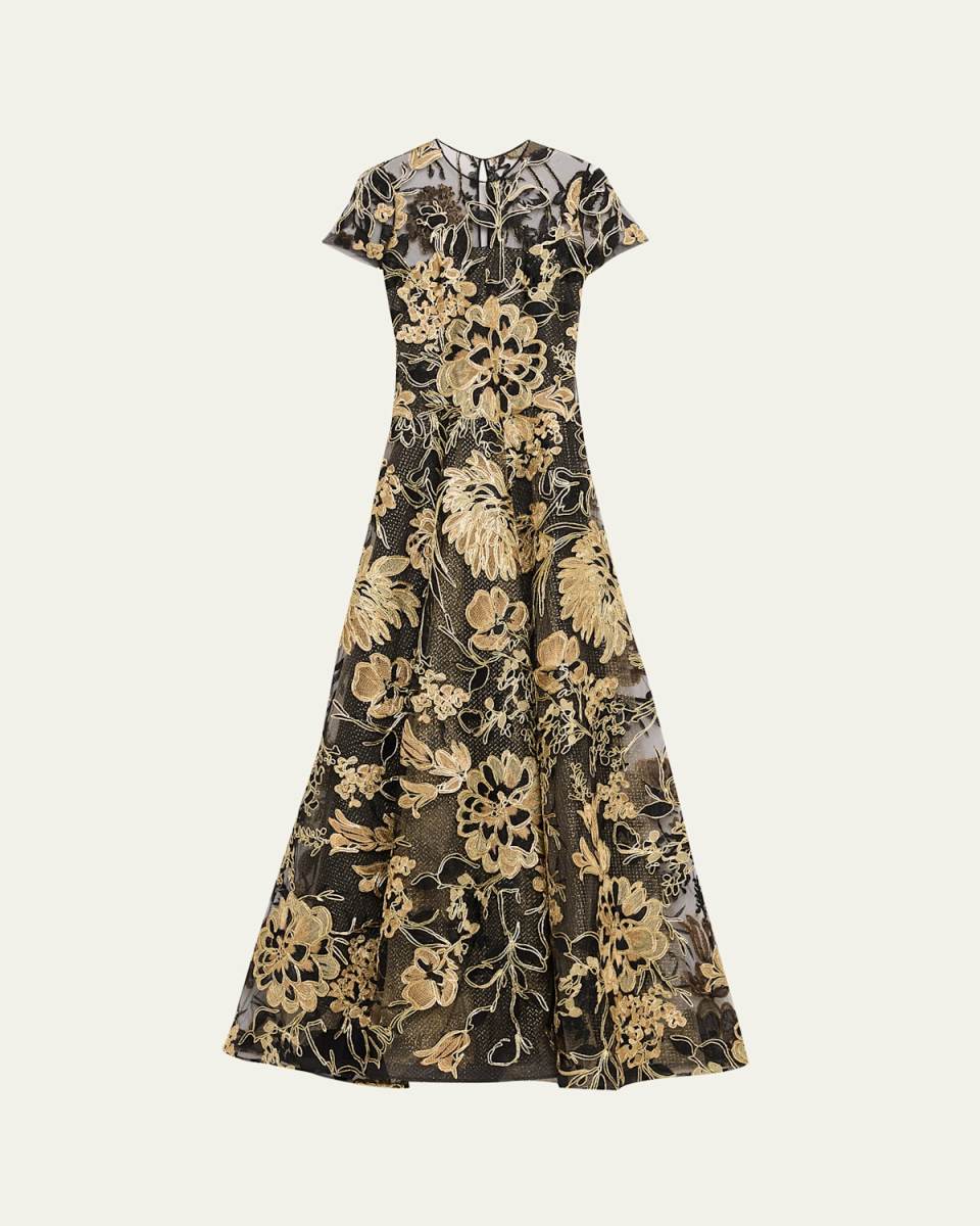 Metallic Embroidered Short-Sleeve A-Line Gown